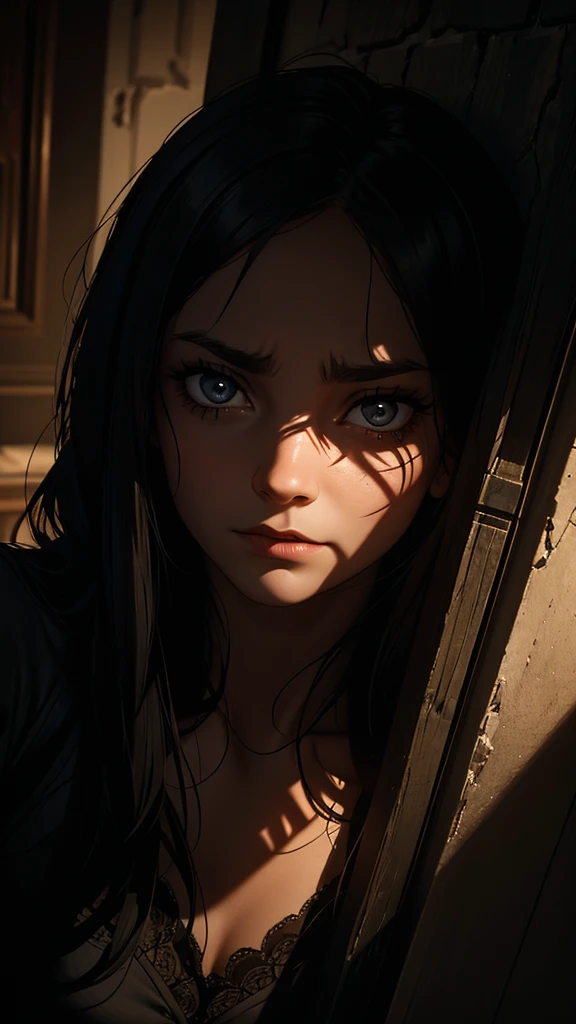 Shadows flickering on the walls, dark corners of the dark themed room, and a close-up of women's s fearful face