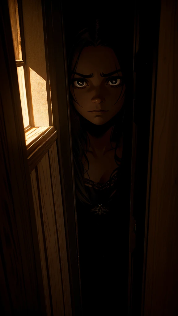 Shadows flickering on the walls, dark corners of the dark themed room, and a close-up of women's s fearful face
