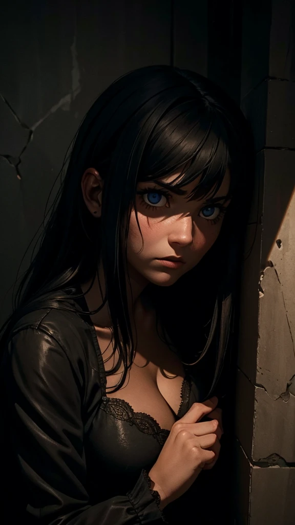 Shadows flickering on the walls, dark corners of the dark themed room, and a close-up of women's s fearful face