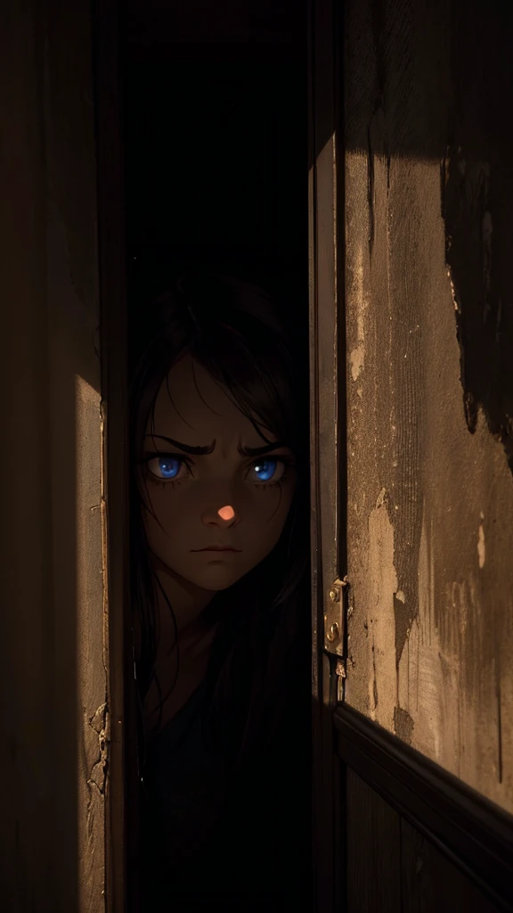 Shadows flickering on the walls, dark corners of the dark themed room, and a close-up of women's s fearful face