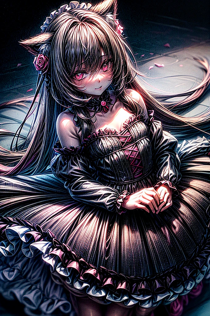 A young girl with cat ears and a tail, wearing a frilly dress, sits amidst scattered pink petals and roses. She holds a small flower in her hand, looking up at it with a curious expression. The background is a vibrant night sky filled with stars.