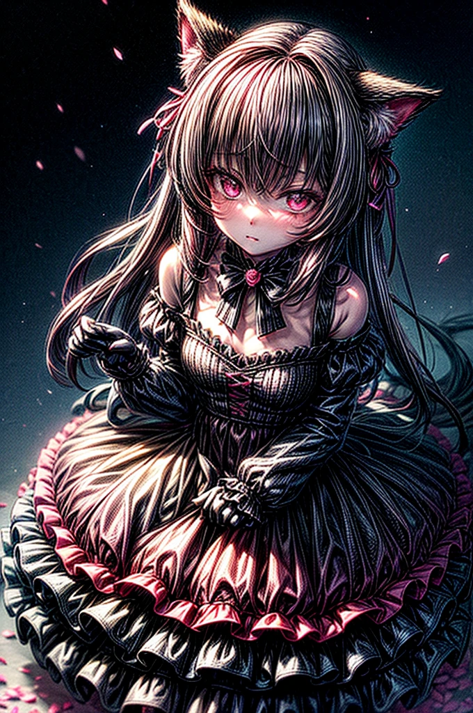 A young girl with cat ears and a tail, wearing a frilly dress, sits amidst scattered pink petals and roses. She holds a small flower in her hand, looking up at it with a curious expression. The background is a vibrant night sky filled with stars.
