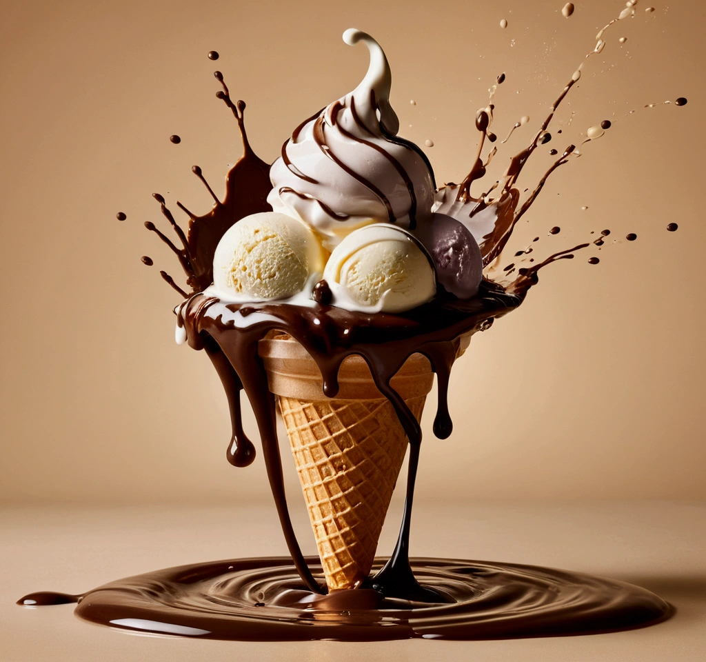 a picture of a floating ice cream, yogurt and chocolate splashing in the elegant cream color background like in a commercial