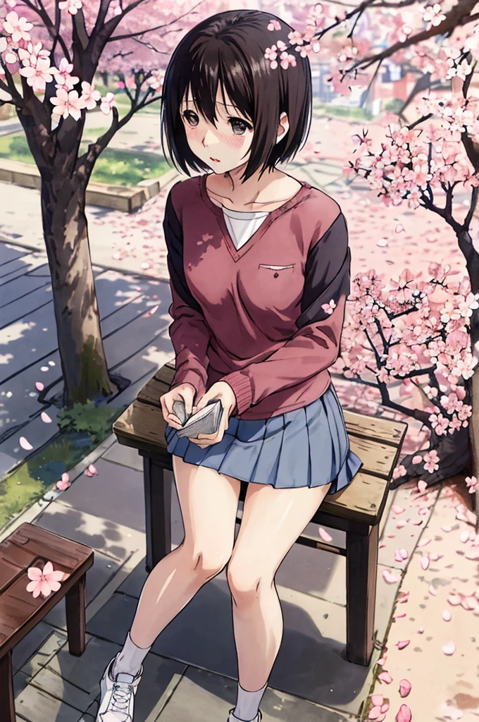 nakahara_misaki、two-tone shirt、a miniskirt、plein air、a park、Cherry blossom petals fluttering、、Blue theme、mournful、Eyes of the Sky、looking-down、The tree、Benches、sitted、Panties are visible、Reading a book、white panty