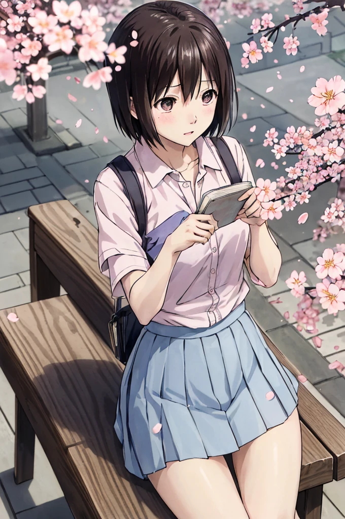 nakahara_misaki、two-tone shirt、a miniskirt、plein air、a park、Cherry blossom petals fluttering、、Blue theme、mournful、Eyes of the Sky、looking-down、The tree、Benches、sitted、Panties are visible、Reading a book、white panty