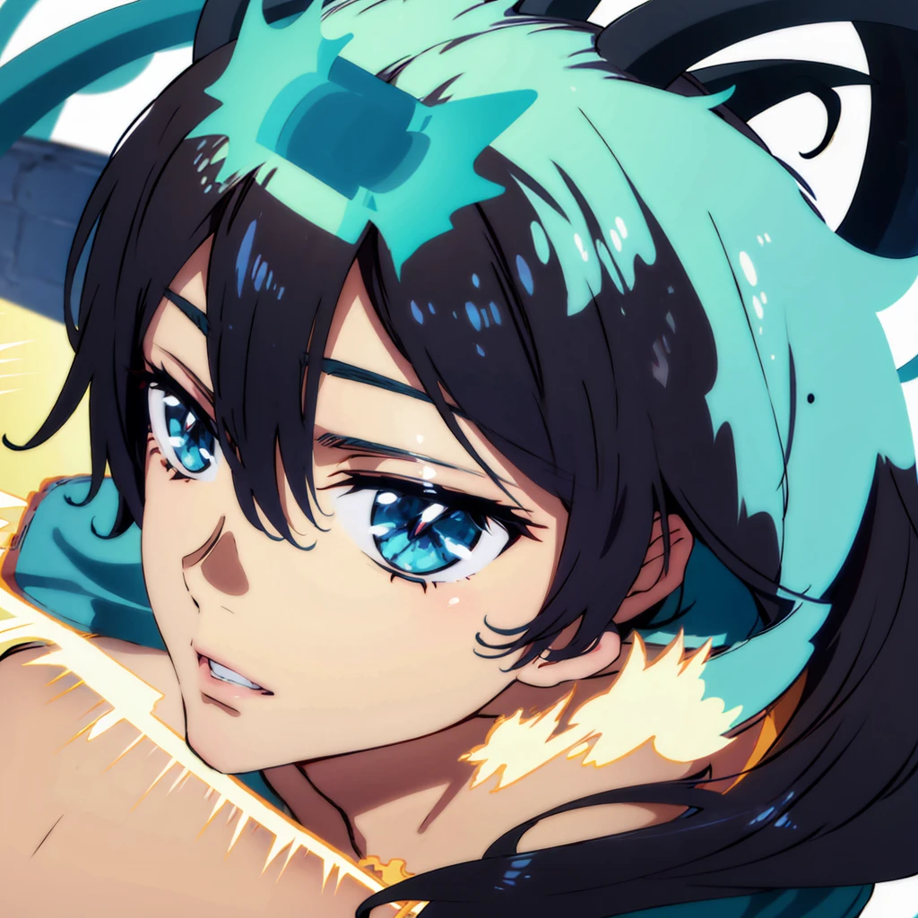 Anime boy, Cowboy shoot, Blue eyes, medium length black hair, short blue horns on the head