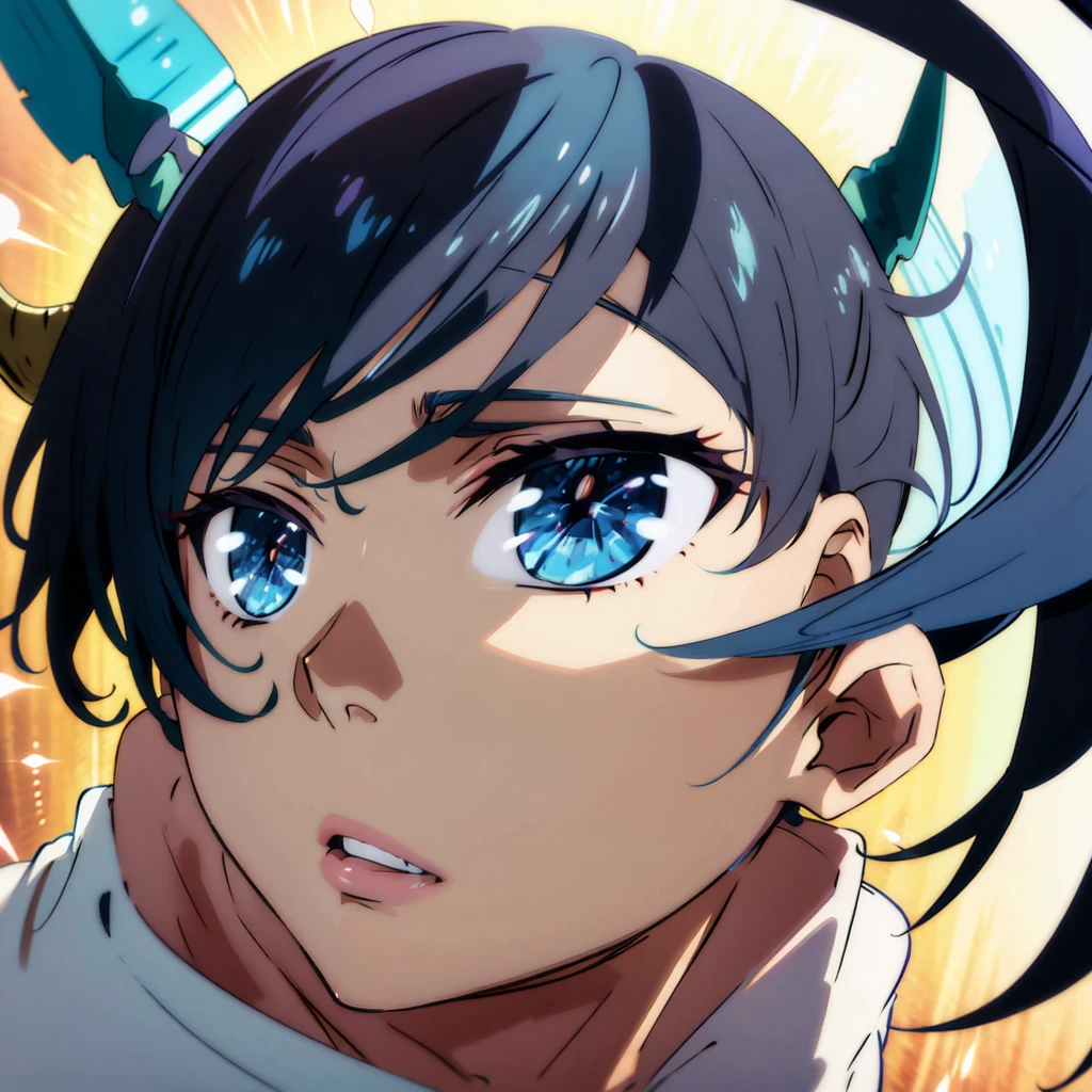 Anime boy, Cowboy shoot, Blue eyes, medium length black hair, short blue horns on the head