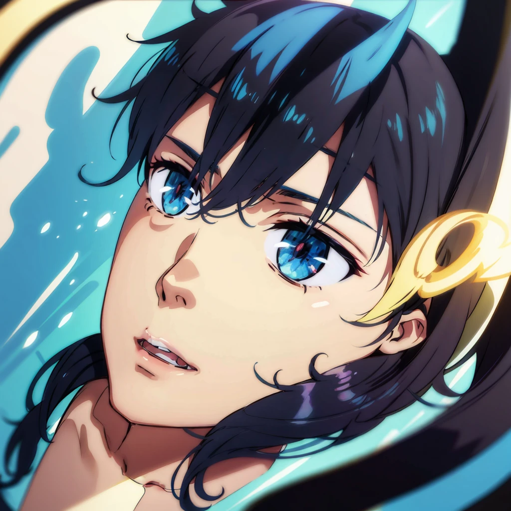 Anime boy, Cowboy shoot, Blue eyes, medium length black hair, short blue horns on the head