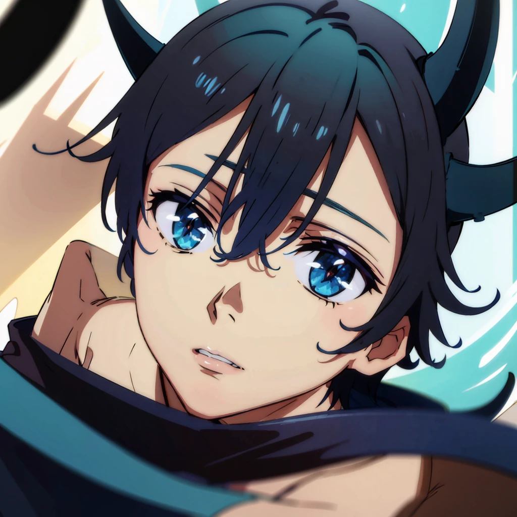 Anime boy, Cowboy shoot, Blue eyes, medium length black hair, short blue horns on the head