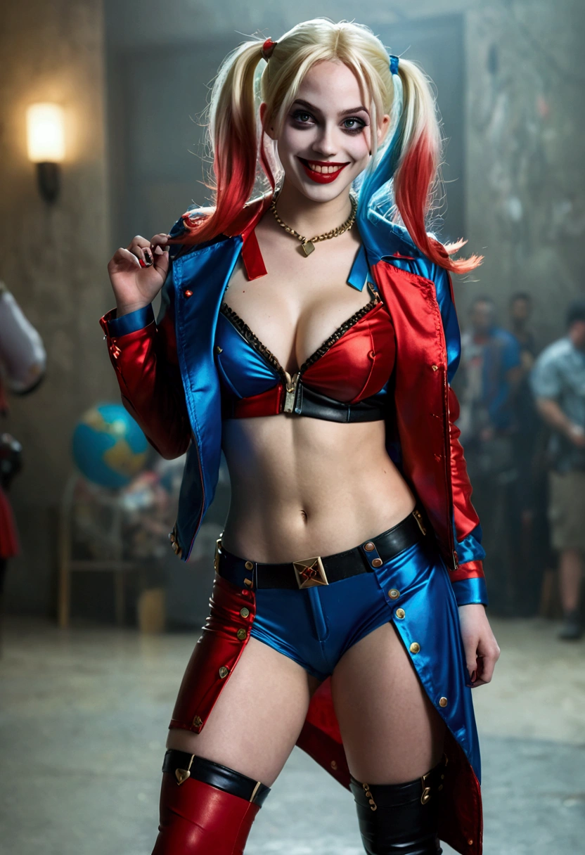 ultra realistic, photography, long red hair, girl, 24 years old, hourglass figure, perfect body, Flirty look, extremely detailed artgerm, in the style artgerm, small breasts, facing the camera, lens 35 mm, blur background, red and blue Harley Quinn costume (from the 2016 suicide squad movie), lively costume party as background, laughing, full body picture, full body