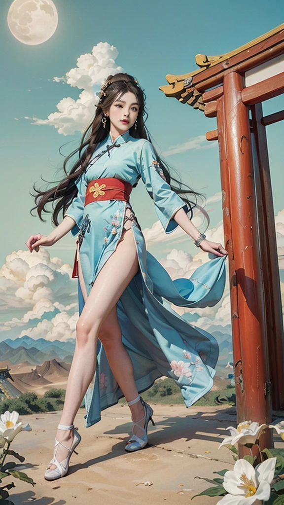 (masterpiece, Top quality, best quality, Official Art, beauty:1.2),（最詳細清晰的contour和五官：2.0，contour：2.0） (1 Chinese Goddess:1.5), Very detailed,(Dunhuang艺术:1.1),(Dunhuang，Colorful:1.1)(Flowers:1.3),Most detailed,(tangled:1.2), (Dynamic flight attitude，Foot on white clouds，Show your thighs:1.5), (Blue sky, White clouds and bright moon background:1.3), (Chinese embroidered Hanfu:1.2), (Glowing skin，pubic：1.2), (Many colors:1.4), ,(earrings:1.4),