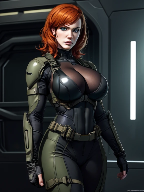 Imagine Christina Hendricks as a Metal Gear Solid character,powerful female character, short wavy orange hair and bright blue eyes, 48 years old, striking and mature facial features,agile and athletic build, (Wearing: Fingerless Gloves, skin-tight suit, black and green stealth suit, cleavage_cutout, utility belt, metallic armlets, armored boots, gun holsters), The suit is so tight that Christina Hendricks breasts barely fit in it, The suit should appear sleek and functional, emphasizing her agility and combat prowess. Stealthy and formidable presence of the character,hyper-realistic rendering to capture every minute detail,showcasing the mastery of digital portrait artistry,ultimate photorealistic quality,highly detailed facial expression showcasing the determination and strategy of the character,subtle hints of high-tech and militaristic elements reflecting the true essence of the Metal Gear Solid universe,vibrant colors with deep gray’s and contrasting cool tones,creating a visually striking and captivating portrait.