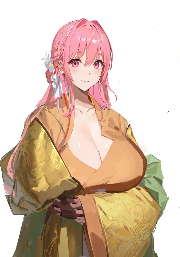 Wearing a robe、Pink Hair的动漫女孩, Produced in collaboration with Anime Painter Studio, Thickness, OPPEIN, Sakura Haruno, Si Tu Shi, In the anime painter studio, Hillabi, Goto Indian Summer, ((Wearing noble robes)), Flower shape, OPPEIN proportions, Break, 3/4 Break,Three Kingdoms,Dynasty Warriors,big boods,huge ,Pink Hair,Pink Eyes,Hanfu,Chinese style and ancient style,Smile,Hands playing with hair,Silk clothes,Noble girl,Good shape,sex body