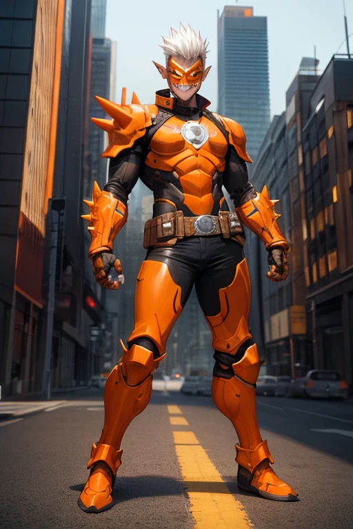 ((best quality)), ((masterpiece)), (detailed), 1 man, full body, 54 years old, senior citizen, masked, eye mask, orange mask that covers half of his face, spiked mask, evil smile, metal goblin ears, gremlin, yellow cat eyes, white hair sticking out of the top, mohawk, brown collar, tall, very thin, hunched over, long metal claws, spikes on his forearms, brown details, brown fingerless gloves, orange wristbands, orange nanotech suit, light armor, orange chest with an emblem, high shoulder pads, orange suit with brown stripes, brown tiger stripes, triangle emblem on his chest, orange emblem, orange pants, orange knee pads, metallic orange boots, metallic orange shoes, brown superhero belt, standing on a building, city background, anime