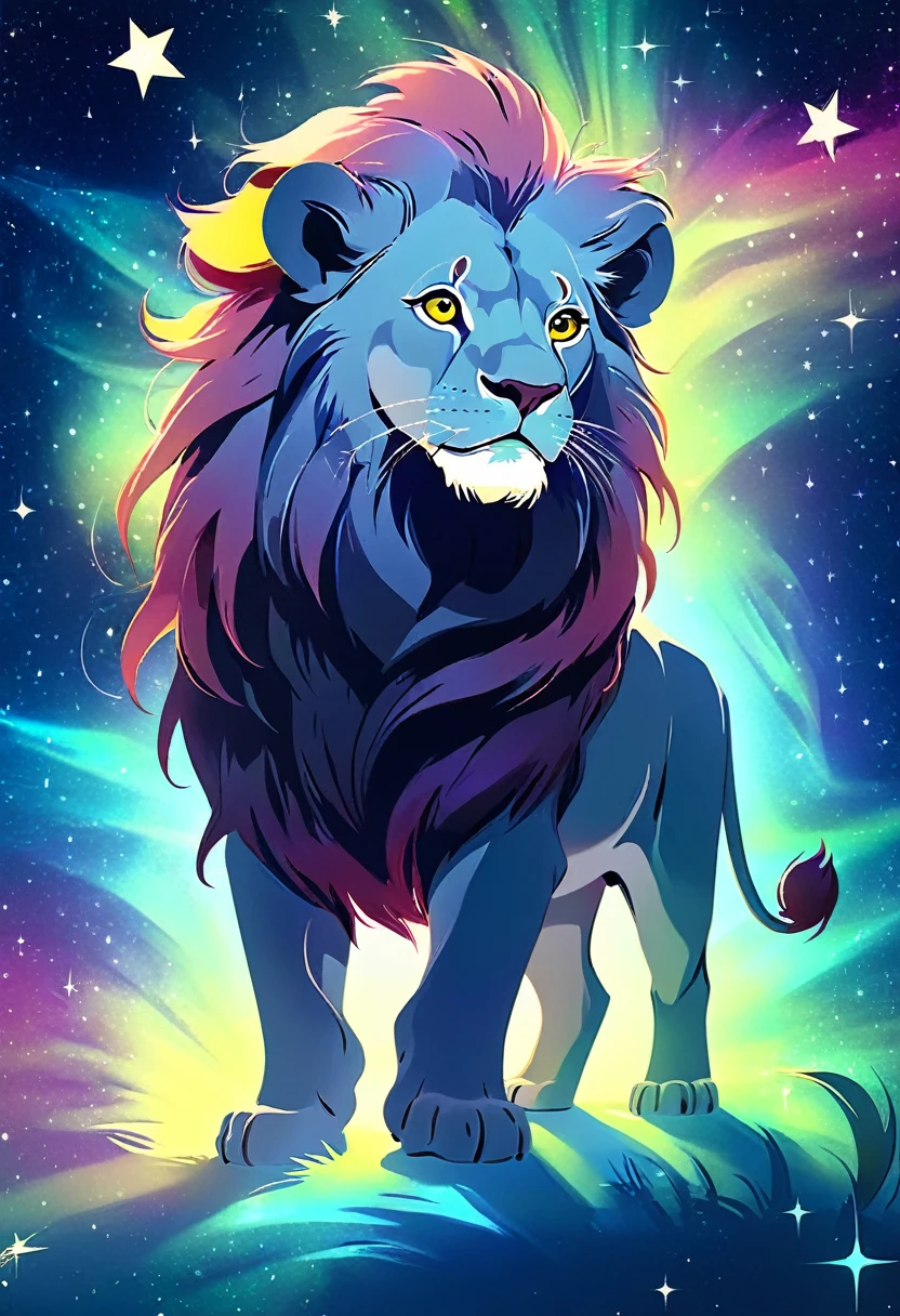 a lion silhouette composed by bright stars. Cosmic background