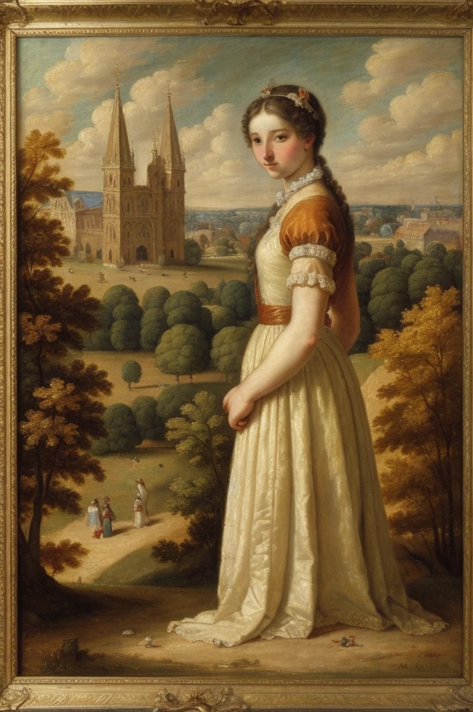 [[(full-length front view: young attractive girl) ((style Jean Antoine Watteau))]/[background:amazing Renaissance landscape based on Jean Antoine Watteau) (masterpiece)], oil painting, extreme detail, intricate, unusual, ((best quality))]