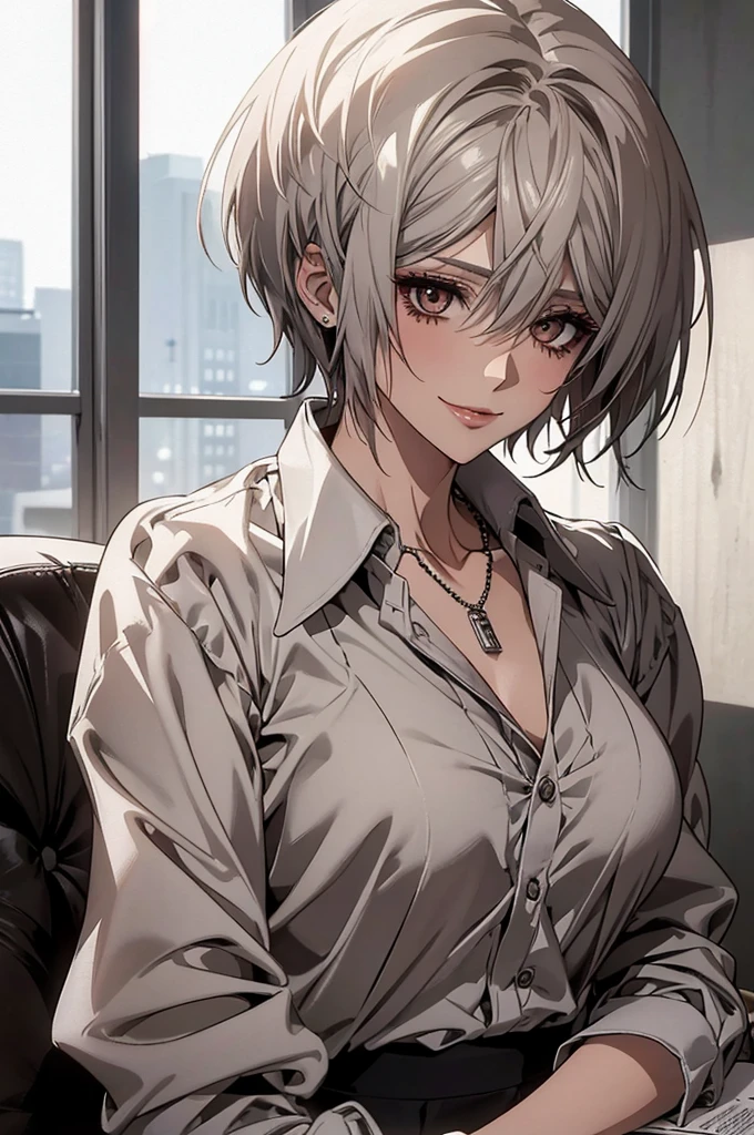 (Highest quality, High resolution, Very detailed), Silver Hair, Super short hair, Reddish brown eyes, office staff suit skirt, Large Breasts, Perfect Makeup, necklace, secretary, 24th generation, Beautiful woman, mature, quiet, Calm, A small smile, office, sitting,