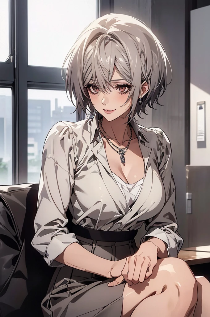 (Highest quality, High resolution, Very detailed), Silver Hair, Super short hair, Reddish brown eyes, office staff suit skirt, Large Breasts, Perfect Makeup, necklace, secretary, 24th generation, Beautiful woman, mature, quiet, Calm, A small smile, office, sitting,