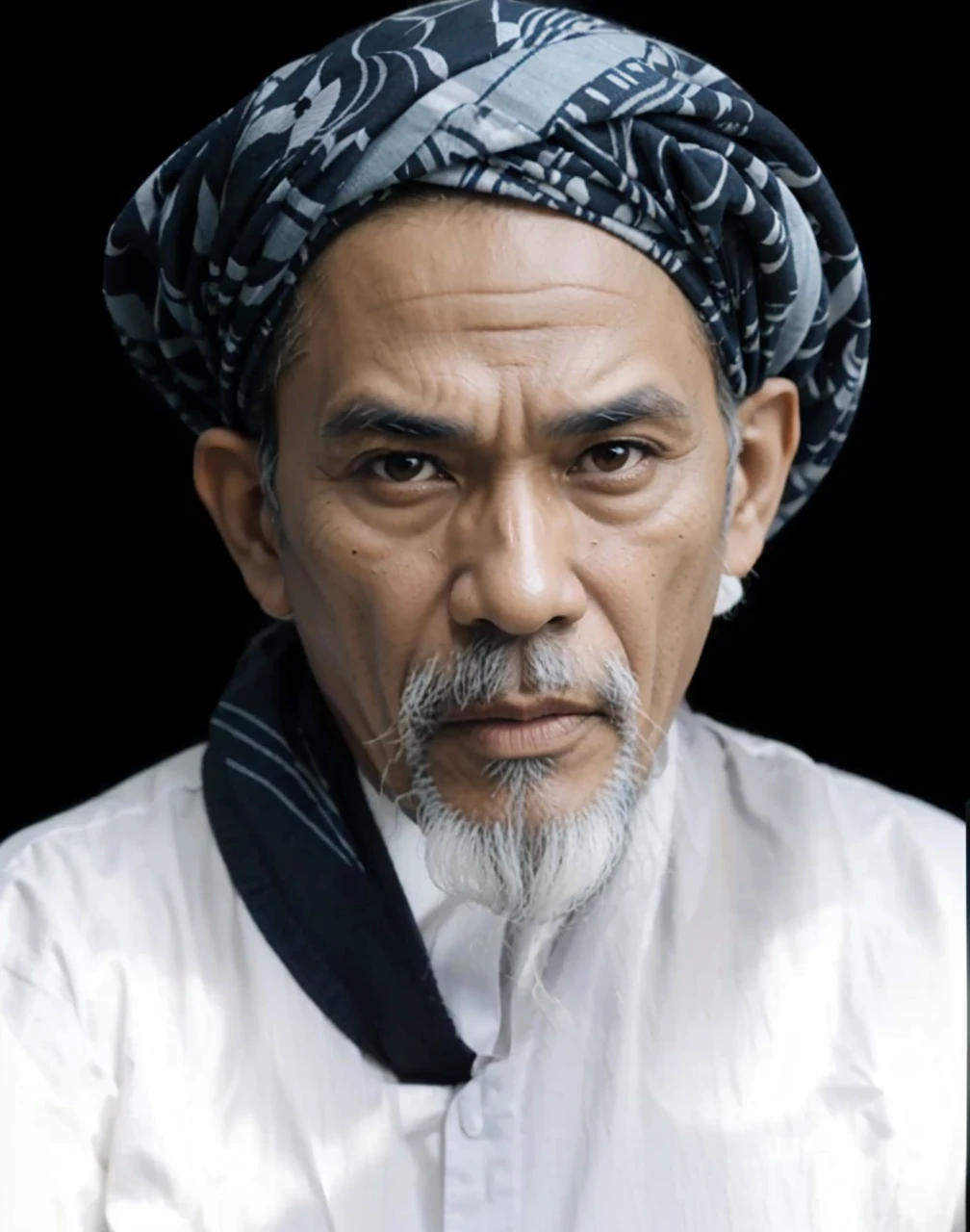 Indonesian Muslim man, 65 years old, naturally wrinkled brown skin appropriate for age, wearing a dark blue patterned turban. white Islamic clothes, oval face, tall nose, long ears, thick gray eyebrows, clear black eyes, slightly thick lower lip, thick white mustache and long beard, closed mouth. HD quality realistic images.