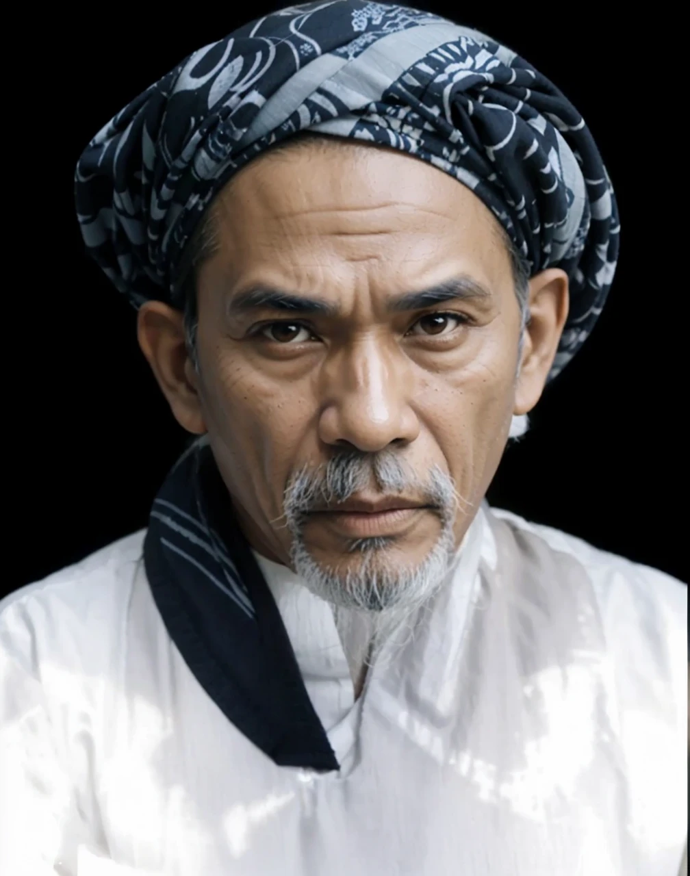 Indonesian Muslim man, 65 years old, naturally wrinkled brown skin appropriate for age, wearing a dark blue patterned turban. white Islamic clothes, oval face, tall nose, long ears, thick gray eyebrows, clear black eyes, slightly thick lower lip, thick white mustache and long beard, closed mouth. HD quality realistic images.
