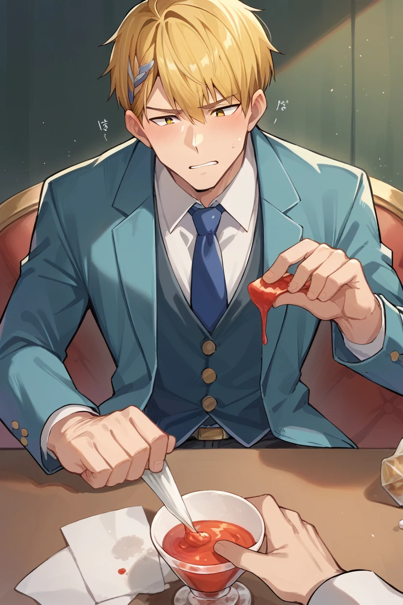 vane /(granblue fantasy/)、muste piece, ,NSFW,best quality,male,solo,beautiful detailed skin、Glittering oiled skin,blush、(white shirt,black apron, cafe uniform,detailed face,blush,Panting、泣いている,orgasm:1.2), complicated and elegant、sexy、 Strong muscles、spread legs,(anal,penis,sex,projectile cum,semen,:1.3),kitchen
