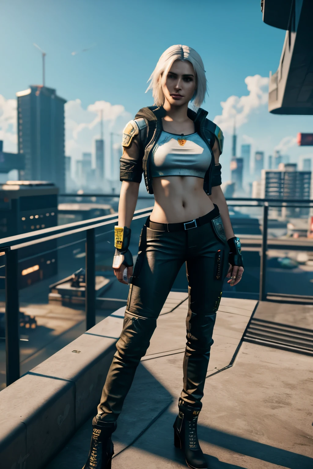 Cyberpunk 2077. Cirilla on roof, in day. wearing beige pants and a white shirt