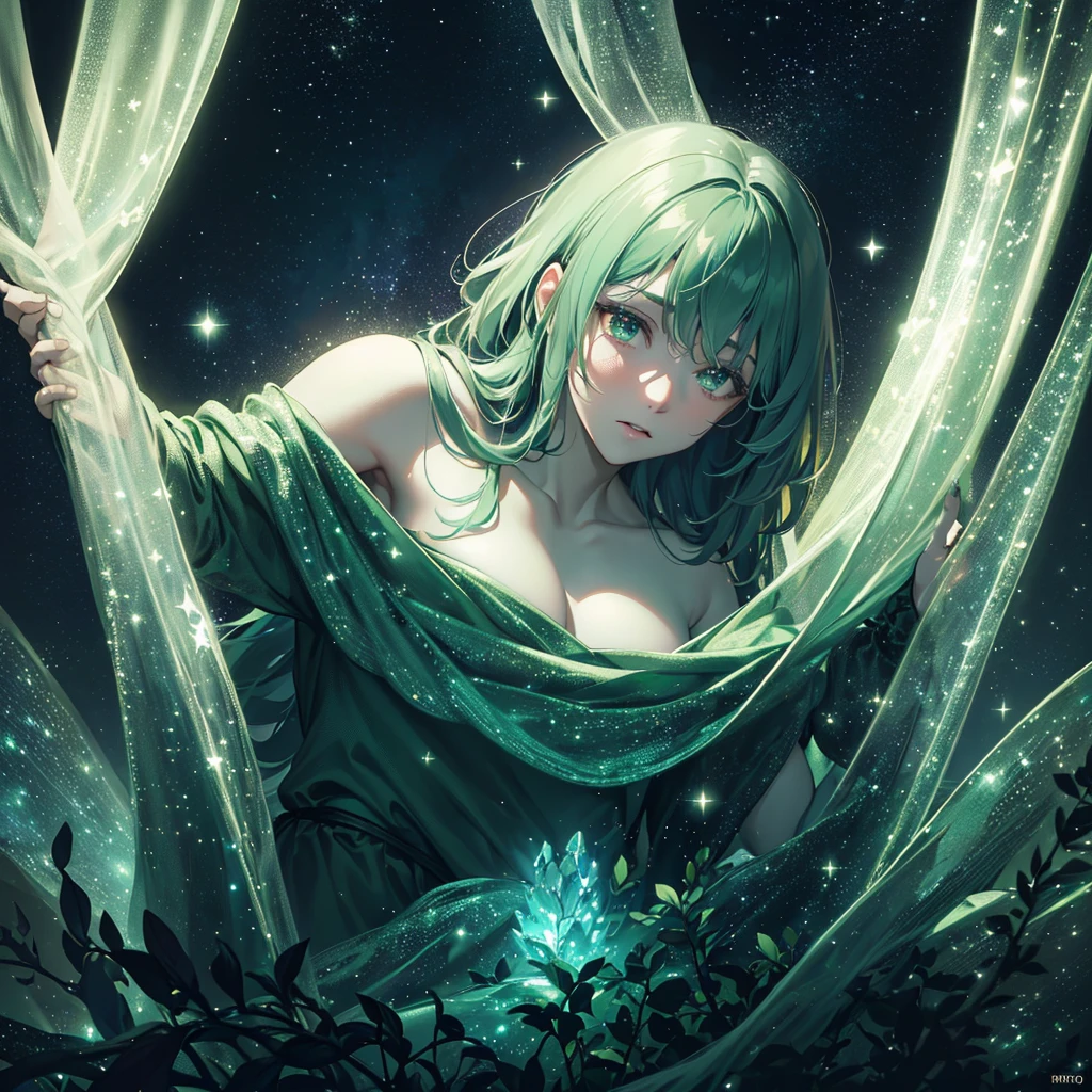 detailed fantasy starry night sky, dark green forest, detailed glowing night sky, ethereal landscape, dramatic lighting, cinematic atmosphere, mystical, moody, atmospheric, glowing stars, nebula, cosmic, magical, enchanting, awe-inspiring, (best quality,4k,8k,highres,masterpiece:1.2),ultra-detailed,(realistic,photorealistic,photo-realistic:1.37)