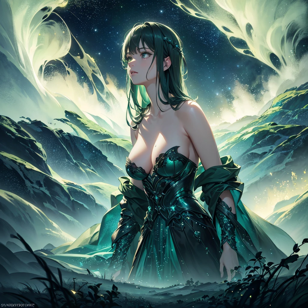 detailed fantasy starry night sky, dark green forest, detailed glowing night sky, ethereal landscape, dramatic lighting, cinematic atmosphere, mystical, moody, atmospheric, glowing stars, nebula, cosmic, magical, enchanting, awe-inspiring, (best quality,4k,8k,highres,masterpiece:1.2),ultra-detailed,(realistic,photorealistic,photo-realistic:1.37)