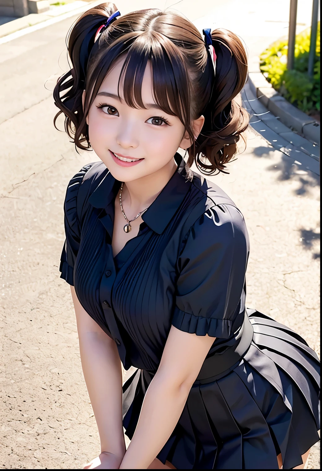 (Highest quality,masterpiece:1.3,Ultra-high resolution),(Very detailed、Caustics) (Realistic:1.4, RAW shooting、)Ultra-Realistic Capture、Very detailed、Natural skin texture、masterpiece、(A Japanese elementary school girl wearing a black blouse and pleated skirt:1.3)、Adorable expression、Expressions of happiness、10 years old、height: 140cm、Baby Face、Pure girl、Amazingly cute、Twin tail hairstyle、Curly Hair、ribbon、Black Hair、Large Breasts、Shining thighs、Shining ass、necklace、Sidewalk in a residential area、Background details、smile、An inviting gaze、(Anatomically correct)、Cowboy Shot、Attention to detail、