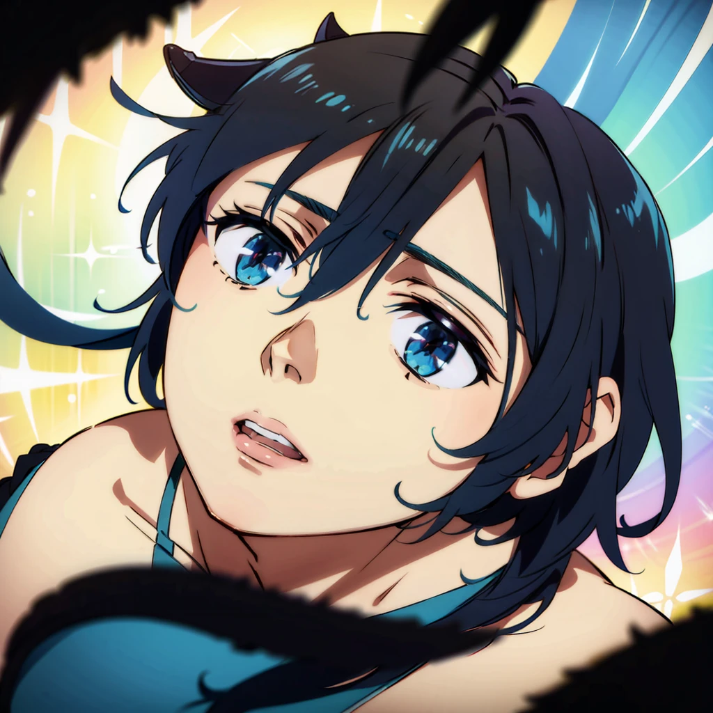 Anime boy, Cowboy shoot, Blue eyes, medium length black hair, short blue horns on the head