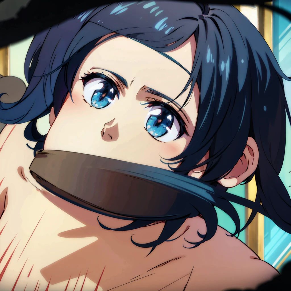 Anime boy, Cowboy shoot, Blue eyes, medium length black hair, short blue horns on the head