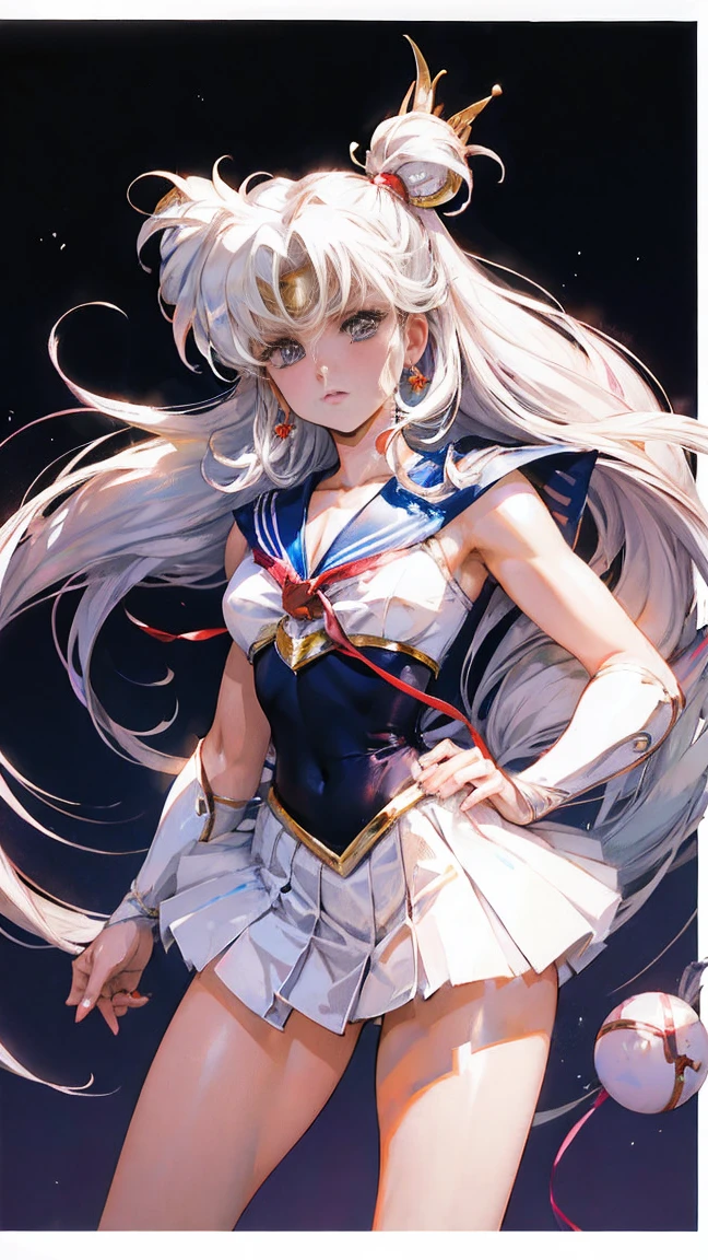 Beautiful warrior girl Sailor Moon, Usagi Tsukino, Shine,shine, Clividge, odango and long hair tails, White hair, ultra-detailed, dynamic pose,
