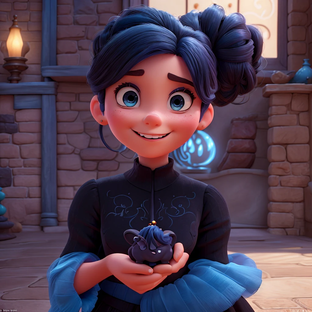 Affiche 3D inspirée de Disney Pixar, avec Une femme élégante,princesse, 25 ans, yeux bleue , cheveux noir en chignon , sourire heureux, En robe de princesse rose , elle est dans un chateau majestueux
