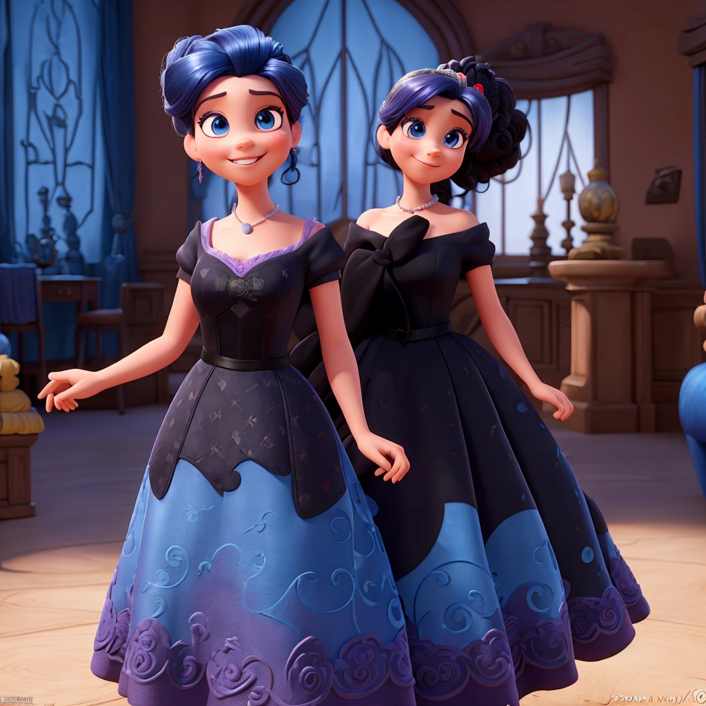 Affiche 3D inspirée de Disney Pixar, avec Une femme élégante,princesse, 25 ans, yeux bleue , cheveux noir en chignon , sourire heureux, En robe de princesse rose , elle est dans un chateau majestueux