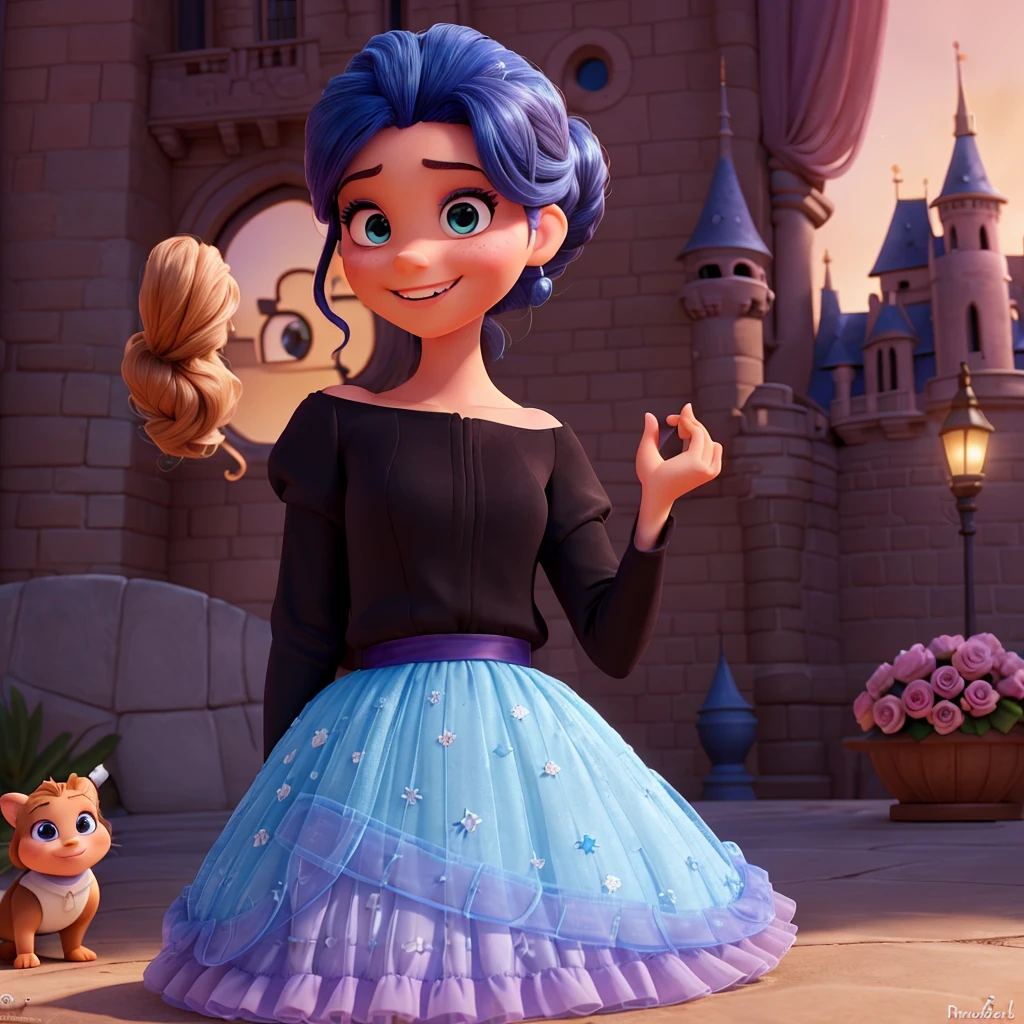 Affiche 3D inspirée de Disney Pixar, avec Une femme élégante,princesse, 25 ans, yeux bleue , cheveux noir en chignon , sourire heureux, En robe de princesse rose , elle est dans un chateau majestueux