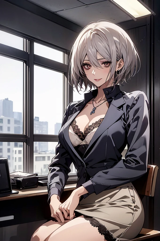 (Highest quality, High resolution, Very detailed), Silver Hair, Super short hair, Reddish brown eyes, office staff suit skirt, lace thong bra, Large Breasts, necklace, secretary, 24th generation, Beautiful woman, mature, quiet, Calm, A small smile, office,