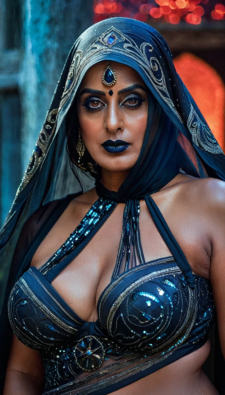 Looks like Mahie Gill, full body Closeup shot, Big chubby aunty, milf, cougar lady witch, horny Gothic milf,  70 years old gorgeous mature lady, pervert demoness, demoness of lust, curvy, black lips, horny face, extremely gorgeous, thick figure, heavy physique, voluptuous, curvy, sexy figure, Fashionable portrait of androgynous alien looking witch wearing veil, glowing eyes, futuristic design, minimal details, givenchy, photoreal, 200mm, hd, f/ 2.0, highly detailed, surreal, sexy beautiful evil woman, sexy bold sequin Saree with strapless Bra, chudail, Pishachini, horror genre, blood-thirsty enchantress, powerful female spirit, eerie, drop dead, in the style of red and blue, (intricate details, hyperdetailed:1.15) (skin texture:1.2), dark Moody tone, cinematic lighting, haunted place in background, 