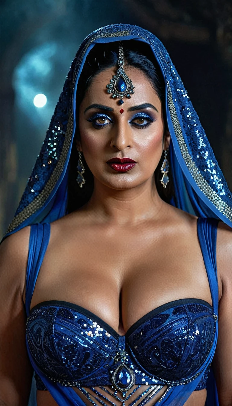 Looks like Mahie Gill, full body Closeup shot, Big chubby aunty, milf, cougar lady witch, horny Gothic milf, 70 years old gorgeous mature lady, pervert demoness, demoness of lust, curvy, black lips, horny face, extremely gorgeous, thick figure, heavy physique, voluptuous, curvy, sexy figure, Fashionable portrait of androgynous alien looking witch wearing veil, glowing eyes, futuristic design, minimal details, givenchy, photoreal, 200mm, hd, f/ 2.0, highly detailed, surreal, sexy beautiful evil woman, sexy bold sequin Saree with strapless Bra, chudail, Pishachini, horror genre, blood-thirsty enchantress, powerful female spirit, eerie, drop dead, in the style of red and blue, (intricate details, hyperdetailed:1.15) (skin texture:1.2), dark Moody tone, cinematic lighting, haunted place in background,