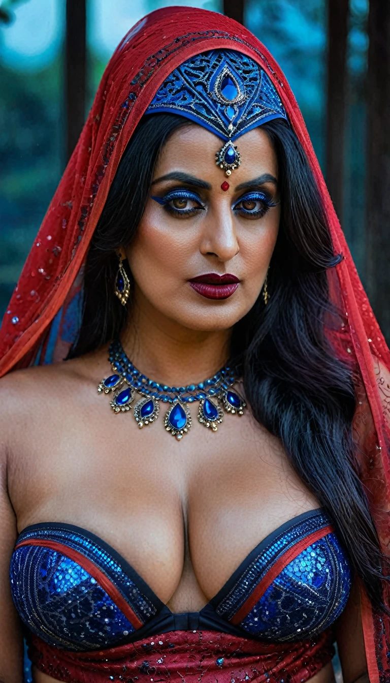 Looks like Aparna Dixit, full body Closeup shot, Big chubby aunty, milf, cougar lady witch, horny Gothic milf, 70 years old gorgeous mature lady, pervert demoness, demoness of lust, curvy, black lips, horny face, extremely gorgeous, thick figure, heavy physique, voluptuous, curvy, sexy figure, Fashionable portrait of androgynous alien looking witch wearing veil, glowing eyes, futuristic design, minimal details, givenchy, photoreal, 200mm, hd, f/ 2.0, highly detailed, surreal, sexy beautiful evil woman, sexy bold sequin Saree with strapless Bra, chudail, Pishachini, horror genre, blood-thirsty enchantress, powerful female spirit, eerie, drop dead, in the style of red and blue, (intricate details, hyperdetailed:1.15) (skin texture:1.2), dark Moody tone, cinematic lighting, haunted place in background,