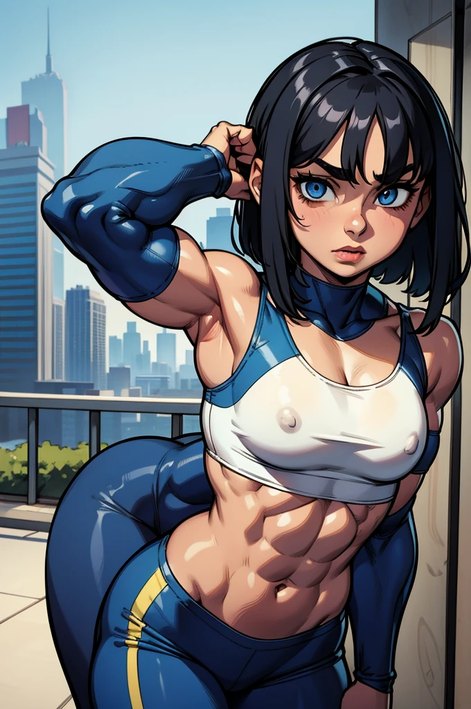 9-years-old girl, flat chest, slim, short black hair, blue eyes, city, absurdres, high res, ultrasharp, 8K, masterpiece, looking at viewer, white crop top, (flat chest), strong arms, muscular thighs, ripped muscles, six pack abs, muscle arms, muscular,