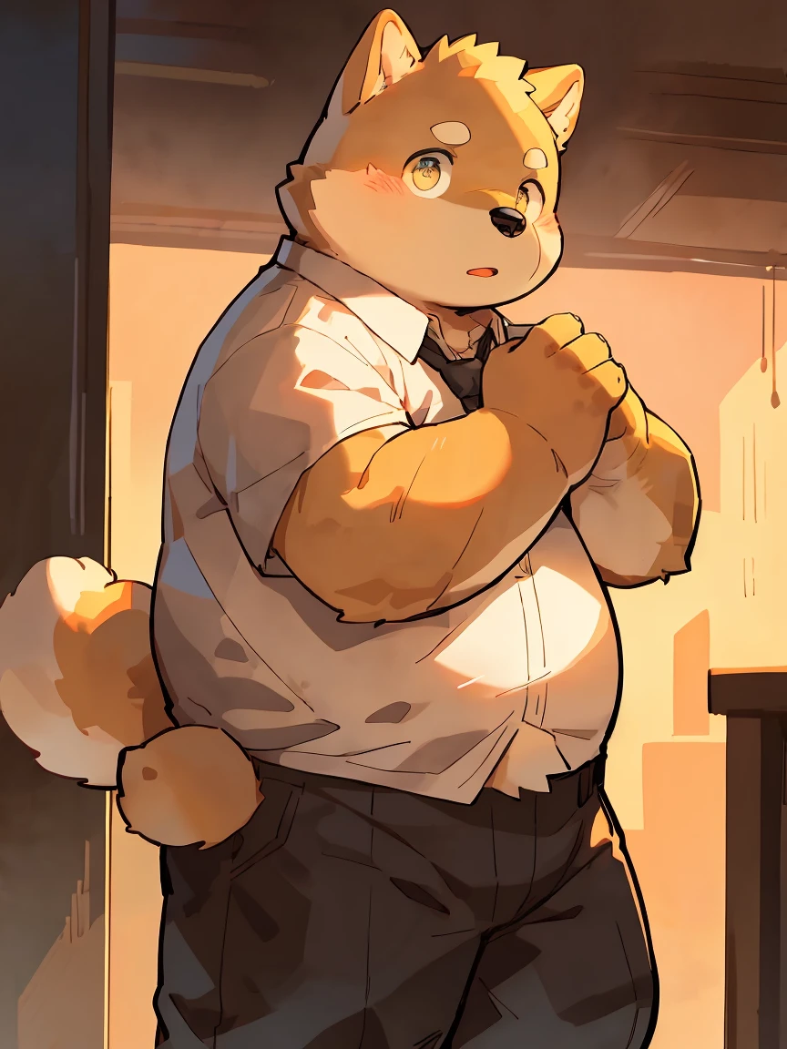 masterpiece, best quality, Perfect anatomical structure, Bright Eyes, Big watery eyes, Provided by RUHU1145, hairy, (Shiba Inu), fur(trigger:0.3),Boys, solitary,Shy,Black pants,White shirt,(Black Tie),(Chubby body),