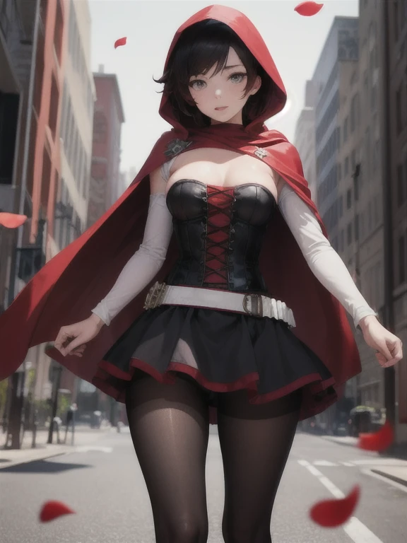 NSFW,(masterpiece, best quality), 1girl,    ruby_rose, cape, dress, red cape, crescent rose, boots, pantyhose, hood, petals, corset