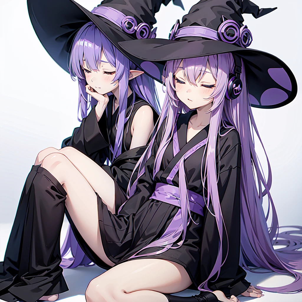 1 person. Anime girl with long purple hair and black robe. Pointy ears. Cute as in manga. Sitting with eyes closed. Headphones. Witch hat on the ground. Clothes inside are white.