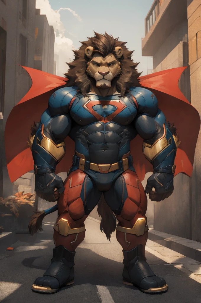 Furry lion with superhero body
