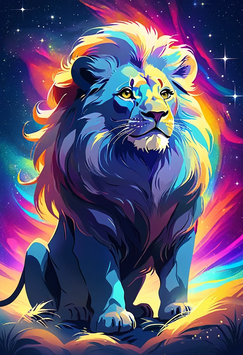 a lion silhouette composed by bright stars. Cosmic background