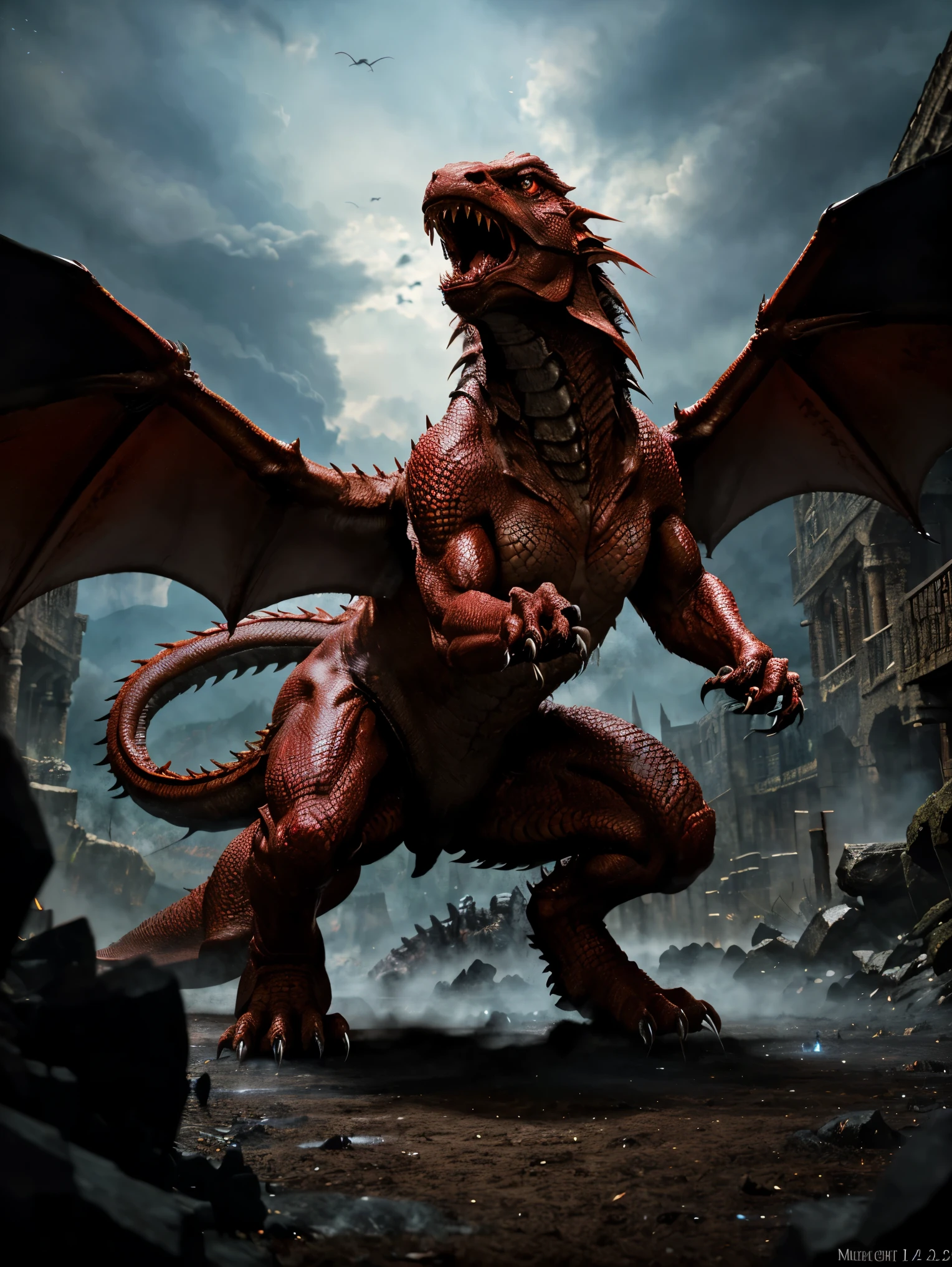 werewolf, shapeshifter, transforming, metamorphosis, dynamic pose, colorful, vivid colors, detailed, best quality, masterpiece, humanoid, evil, concept art, epic, furious, red eyes, concept:Battle scene with a dragon. quality:(highest quality, 4k, High resolution, masterpiece:1.2), Super detailed, (fantasy art,oil:1.5), High quality artwork, delicate brushstrokes. composition:Bokeh, Dynamic composition, a powerful sense of movement, dungeons&inspired by dragons, The overall dramatic atmosphere of the scene, original composition, dutch angle, moving depiction. Subject information:(((Red Dragon:1.2, Giant Monsters))), large dragon with blck scales, fierce battle, adrenaline, atmosphere of battle. Other details:An illustration of a scene from a legendary RPG, Combat action in the dungeon, Billowing dust and smoke, Magical effects released by a wizard, (magic scroll), dynamic angle, Angry voice, powerful wave roar, luster, smooth aerodynamic shape, Battle maneuvers that require concentration, energetic atmosphere, The perfect balance of chaos and precision, thrill, a powerful sense of movement, Background fantastic imajinasi.