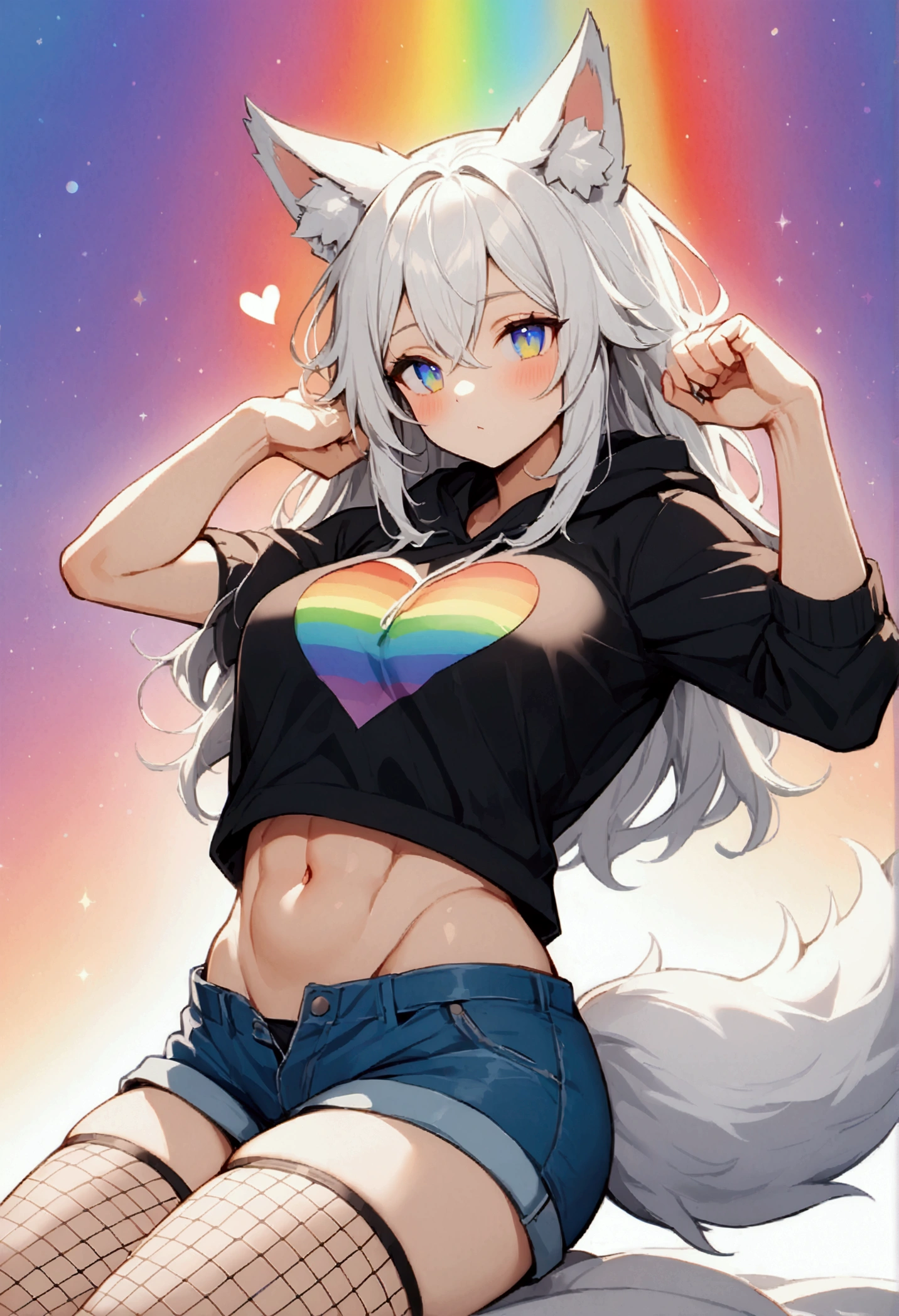 a cute adult male with wolf ears, long white hair, long locks, has a wolf tail, wearing a loose cropped black hoodie, wearing a pair of denim short shorts and fishnet stockings, thick thighs, wide hips, relaxing on mound of fluffy multi colored plushies, short, very slim, showing slender tummy, heart on hoodie, squishy thighs, has glowing blue eyes. alone, solo (ALONE)(SOLO), surrounded by rainbows, colorful galaxy backround, stretching