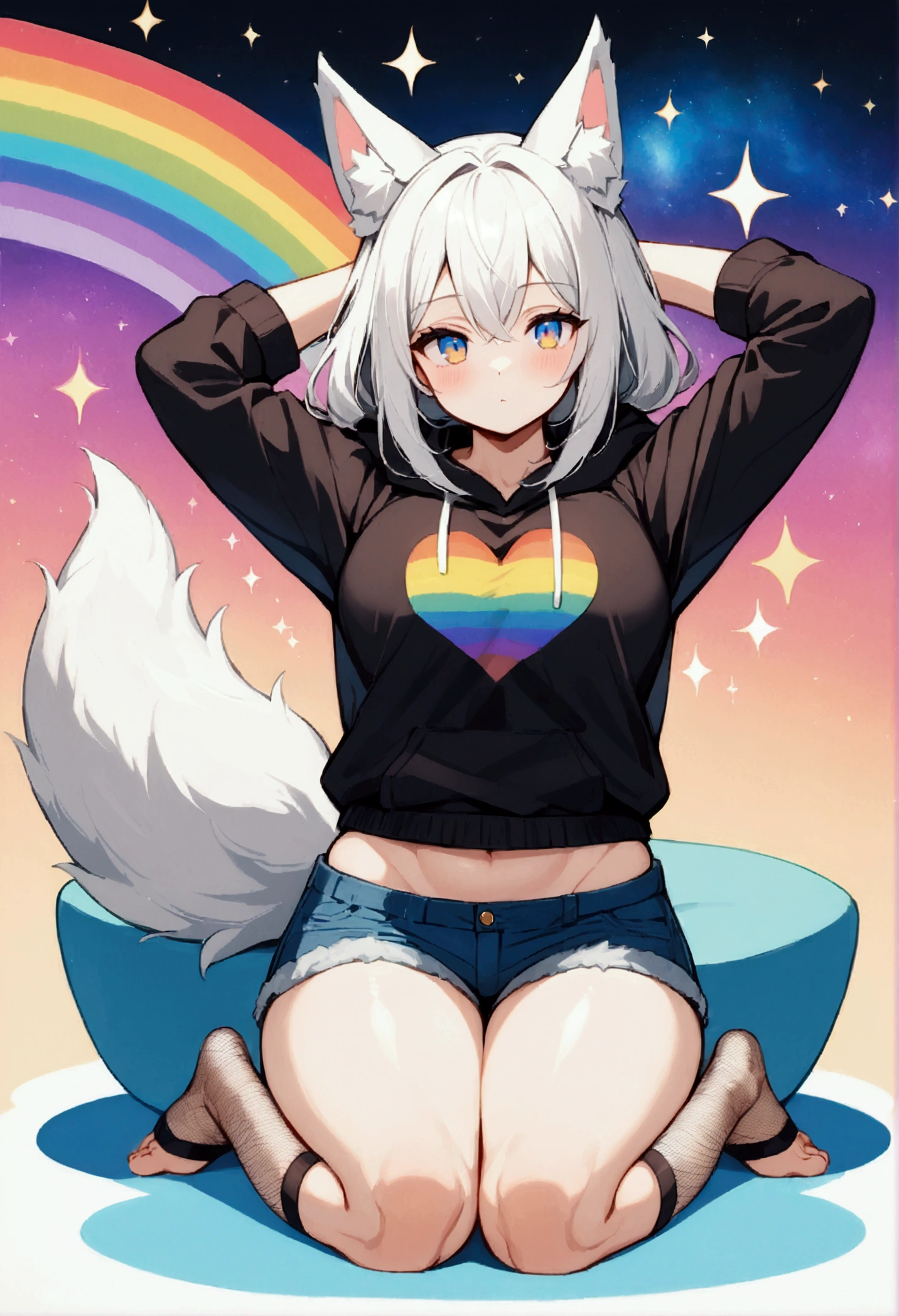 a cute adult male with wolf ears, long white hair, long locks, has a wolf tail, wearing a loose cropped black hoodie, wearing a pair of denim short shorts and fishnet stockings, thick thighs, wide hips, relaxing on mound of fluffy multi colored plushies, short, very slim, showing slender tummy, heart on hoodie, squishy thighs, has glowing blue eyes. alone, solo (ALONE)(SOLO), surrounded by rainbows, colorful galaxy backround, stretching