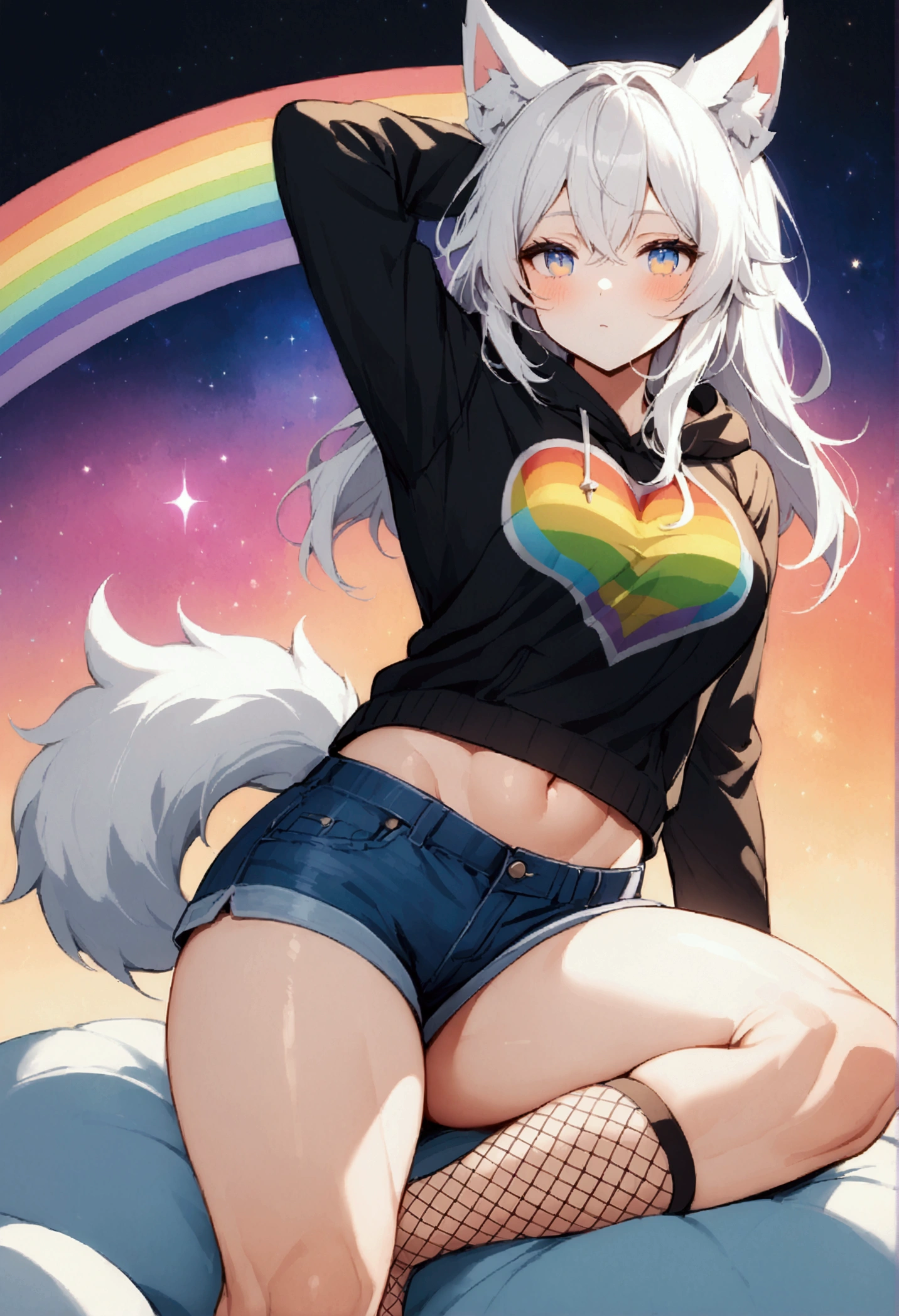 a cute adult male with wolf ears, long white hair, long locks, has a wolf tail, wearing a loose cropped black hoodie, wearing a pair of denim short shorts and fishnet stockings, thick thighs, wide hips, relaxing on mound of fluffy multi colored plushies, short, very slim, showing slender tummy, heart on hoodie, squishy thighs, has glowing blue eyes. alone, solo (ALONE)(SOLO), surrounded by rainbows, colorful galaxy backround, stretching