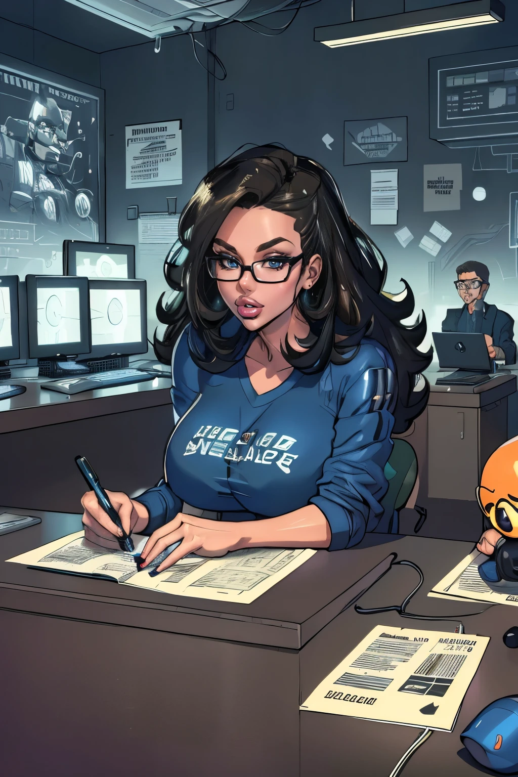 (best quality,4k,8k,highres,masterpiece:1.2),ultra-detailed,realistic,scrawny nerd,1 man,geeky glasses,long curly hair,wearing a plaid shirt,staring at a computer screen,intense concentration,cluttered desk full of gadgets and papers,posters of sci-fi movies on the wall,stacks of comic books,nerdy collectibles,overhead lighting casting shadows,modern and sleek computer setup,keyboard and mouse with custom keycaps,geeky figurines on the desk,vibrant colors,sci-fi artwork in the background,retro-inspired wallpaper,nerdy posters in the room